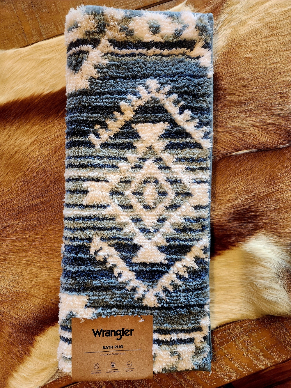 Wrangler Blue and Cream Geometric Plush Bath Rug